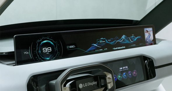 An image of a digital dashboard inside a car, where LG Display's slim screen displays the speedometer, navigation, and more, emphasizing the futuristic design.