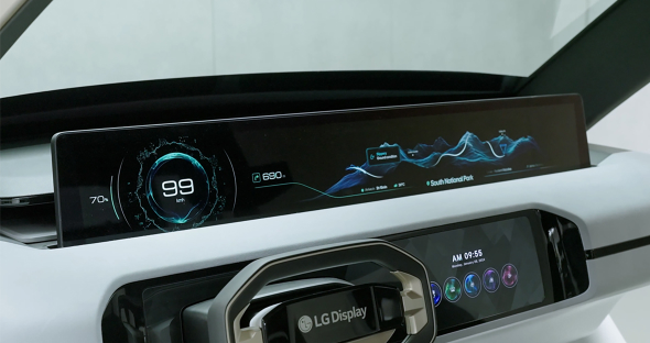 An image of a digital dashboard inside a car, where LG Display's slim screen displays the speedometer, navigation, and more, emphasizing the futuristic design.