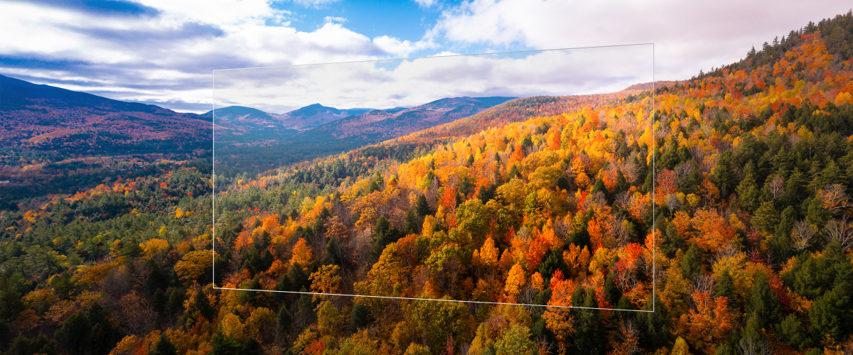 The image shows a transparent display floating above a mountainous landscape of colorful autumn forests and blue skies, with a high-definition screen with three times the brightness thanks to tandem OLED technology.