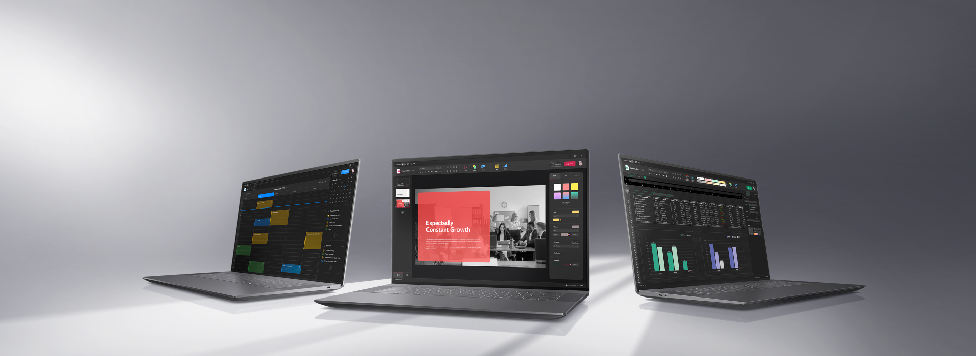 Three laptops are shown side by side, with the left laptop showing a calendar, the center laptop showing a business presentation, and the right laptop showing a spreadsheet, demonstrating the benefits of LG Display's high-performance OLED Tandem ATO optimized for office IT environments.