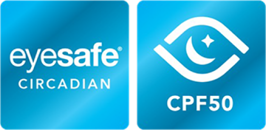 The image on the left is the Eyesafe Circadian logo, symbolizing display technology that protects eye health and is optimized for circadian rhythms, and the image on the right is the CPF50 logo, representing the display's eye protection capabilities.