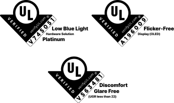 UL Low Blue Light Certification, UL Flicker Free Certification, and UL Display Performance Certification.