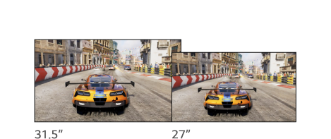 From left to right, the 16:9 ratio displays showing the racing game screen are 31.5 inches, and 27 inches.