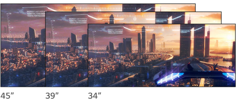 From left to right, the 21:9 ratio displays, with a city night scene in the background, are 45, 39, and 34 inches.