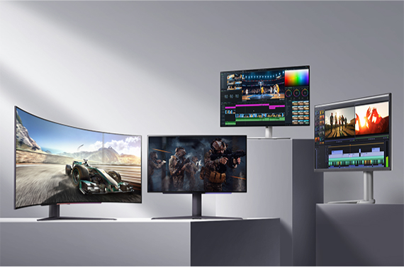 A racing game is shown on the curved monitor on the left, an FPS game on the neighboring monitor, and a video editing screen on the two flat monitors on the right, demonstrating the advantages of LG Display's monitor for high-performance gaming and design work.