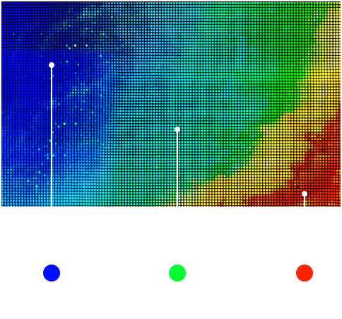 왼쪽에서부터 파랑, 초록, 노랑, 빨강이 그라데이션 되어 있는 화산 지형의  이미지가 보이며, 이는 소자 사용량에 따라 개인화 알고리즘이 소자별 밝기를 효과적으로 제어함을 나타낸다.