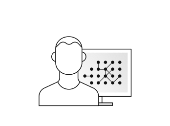 회색 배경 모니터는 화면에 연결된 많은 점과 함께 남자의 상체 뒤에 있으며 이것은 개인화된 알고리즘을 나타낸다.