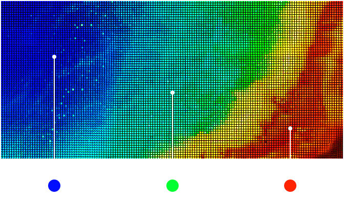 왼쪽에서부터 파랑, 초록, 노랑, 빨강이 그라데이션 되어 있는 화산 지형의  이미지가 보이며, 이는 소자 사용량에 따라 개인화 알고리즘이 소자별 밝기를 효과적으로 제어함을 나타낸다.